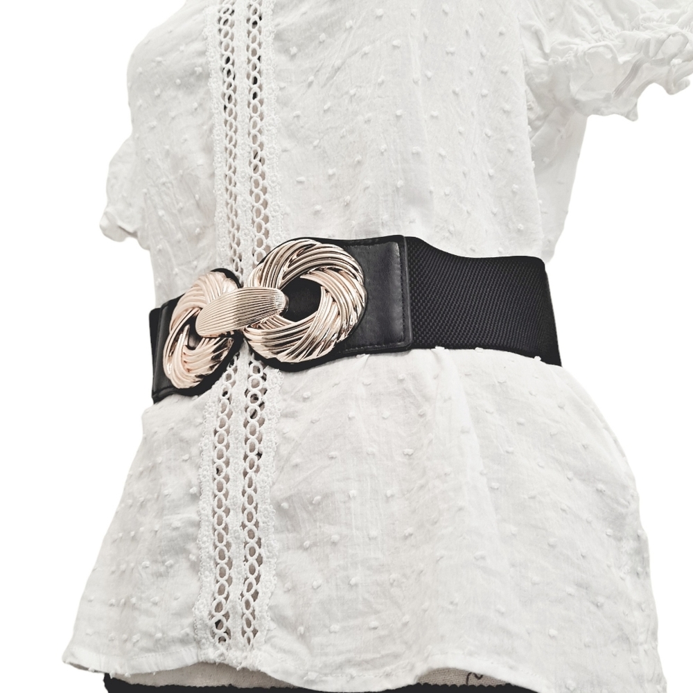 Corset Black wide waist elastic stretch belt metal gold swirls buckle - Picture 5 of 11